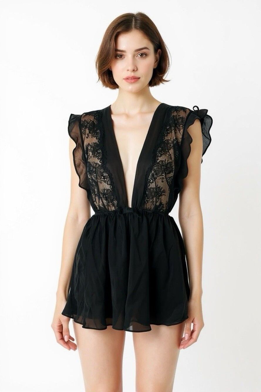 Victoria's Secret Designer Collection 100% Silk Lace Babydoll Black Medium